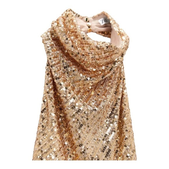 Zara gold sequin open back semi sheer halter blogger favorite mini dress size XL - Picture 8 of 13